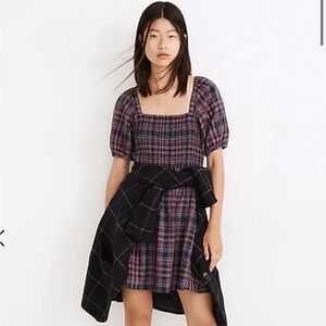 Madewell Lucie Puff-Sleeve Smocked Mini Dress in Rockfern Plaid